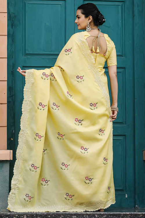 Load image into Gallery viewer, Attractive Yellow Embroidery Work Tussar Silk Saree With Lovely Blouse Piece
