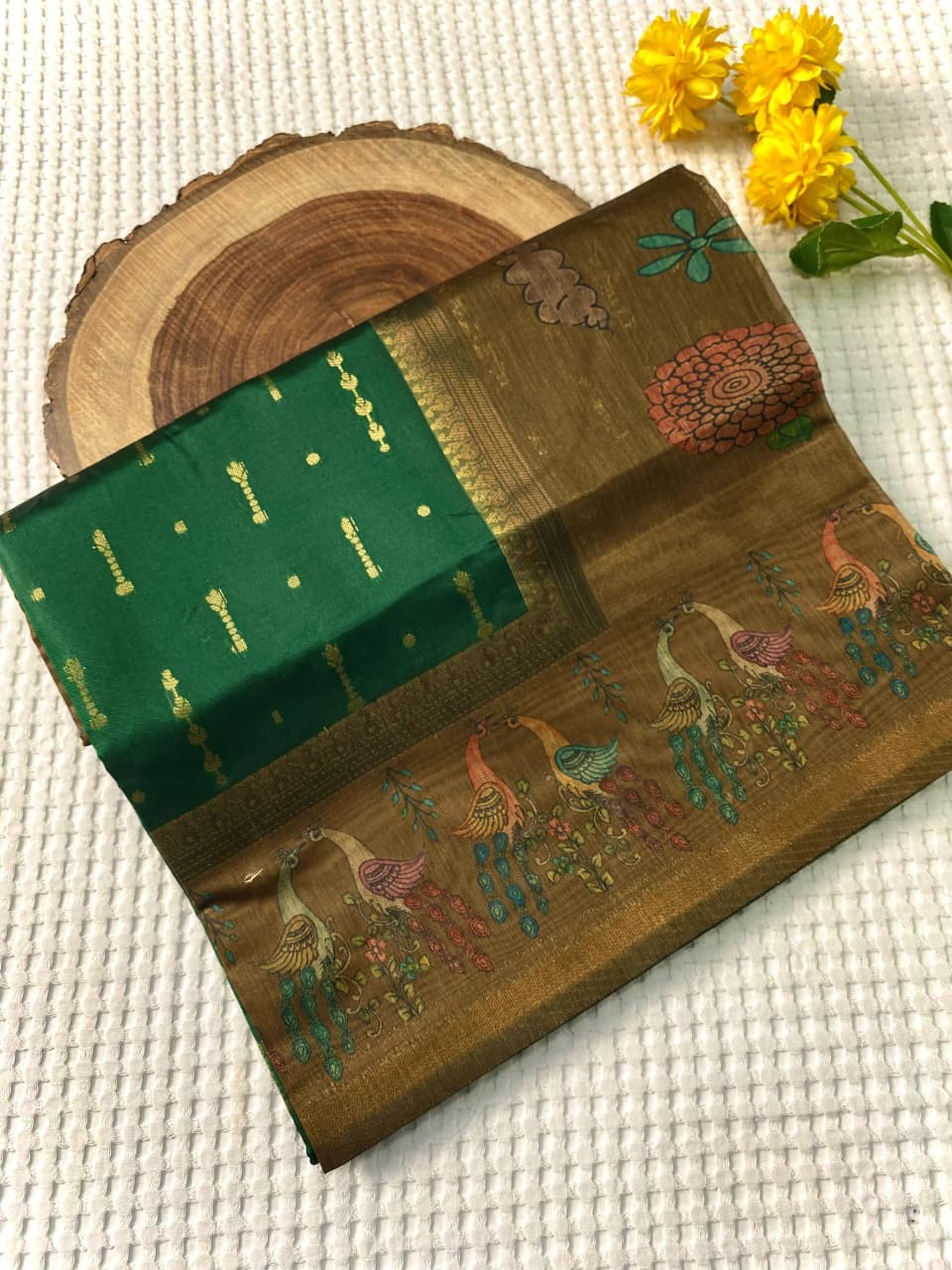 Mesmeric Dark Green Soft Chanderi Silk Printed Saree With Epiphany Blouse Piece