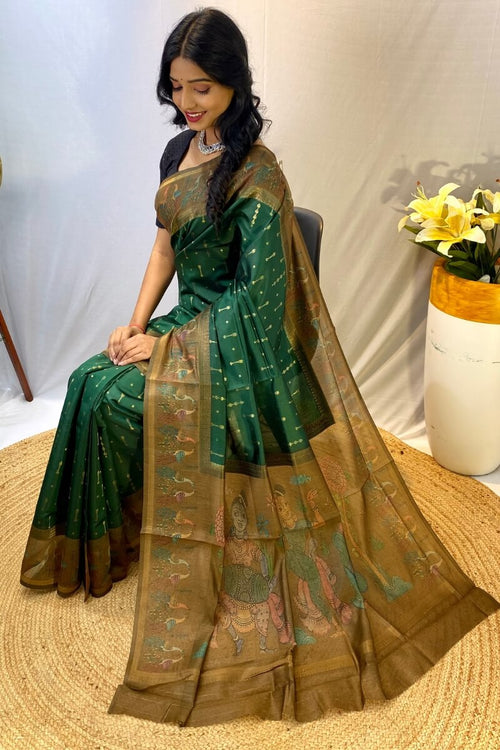 Load image into Gallery viewer, Murmurous Dark Green Printed Soft Chanderi Silk Saree With Efflorescence Blouse Piece
