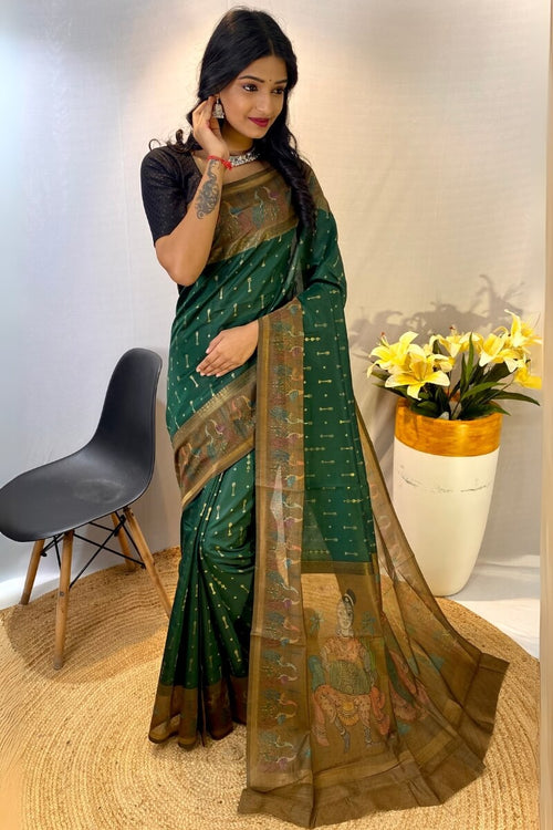 Load image into Gallery viewer, Murmurous Dark Green Printed Soft Chanderi Silk Saree With Efflorescence Blouse Piece
