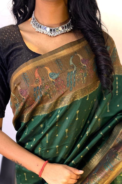 Load image into Gallery viewer, Murmurous Dark Green Printed Soft Chanderi Silk Saree With Efflorescence Blouse Piece
