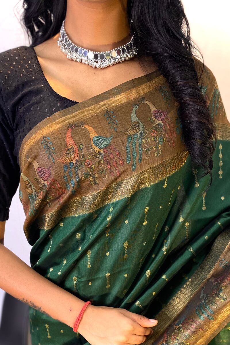 Murmurous Dark Green Printed Soft Chanderi Silk Saree With Efflorescence Blouse Piece