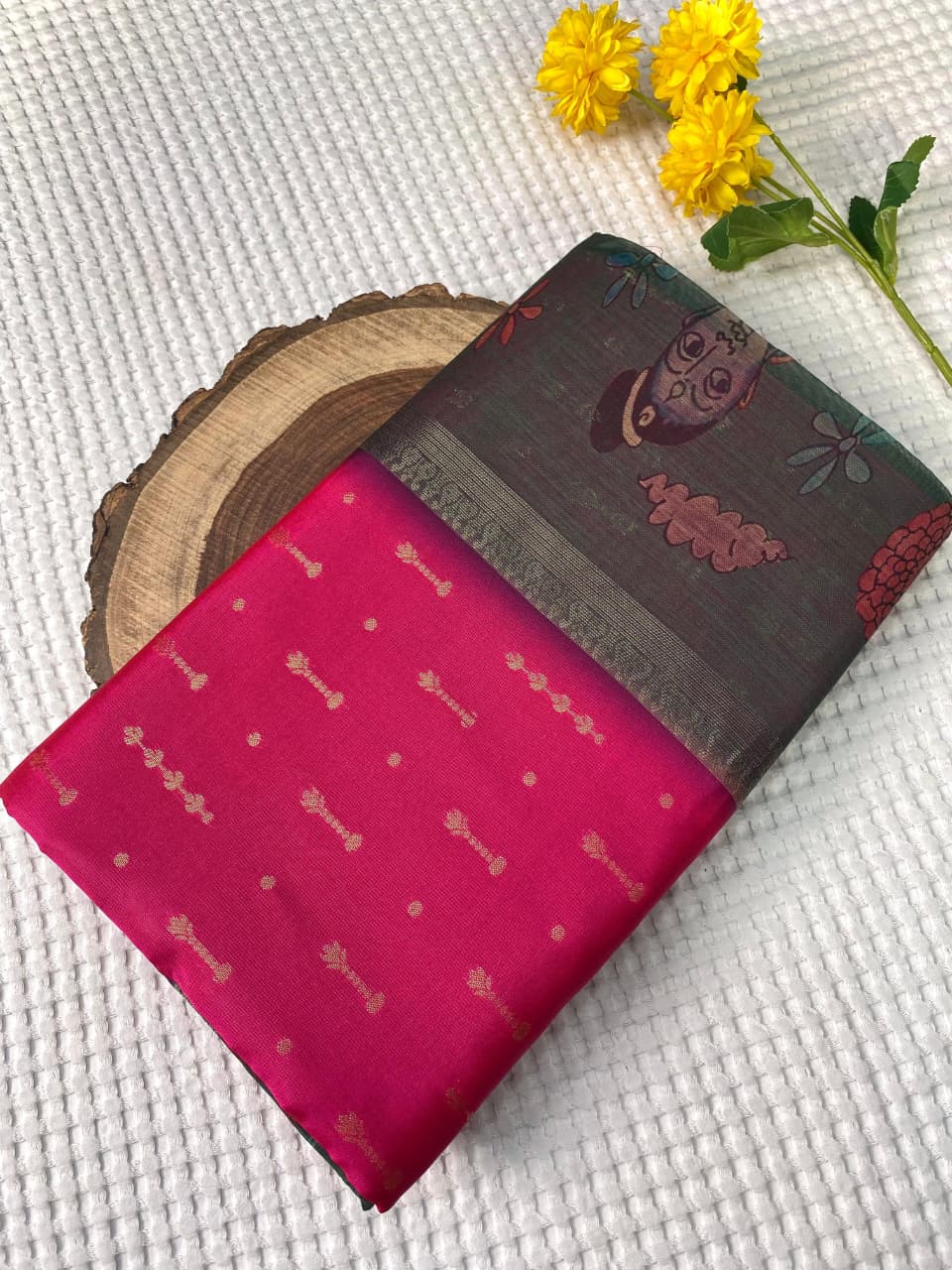 Posh Dark Pink Soft Chanderi Silk Printed Saree With Serendipity Blouse Piece