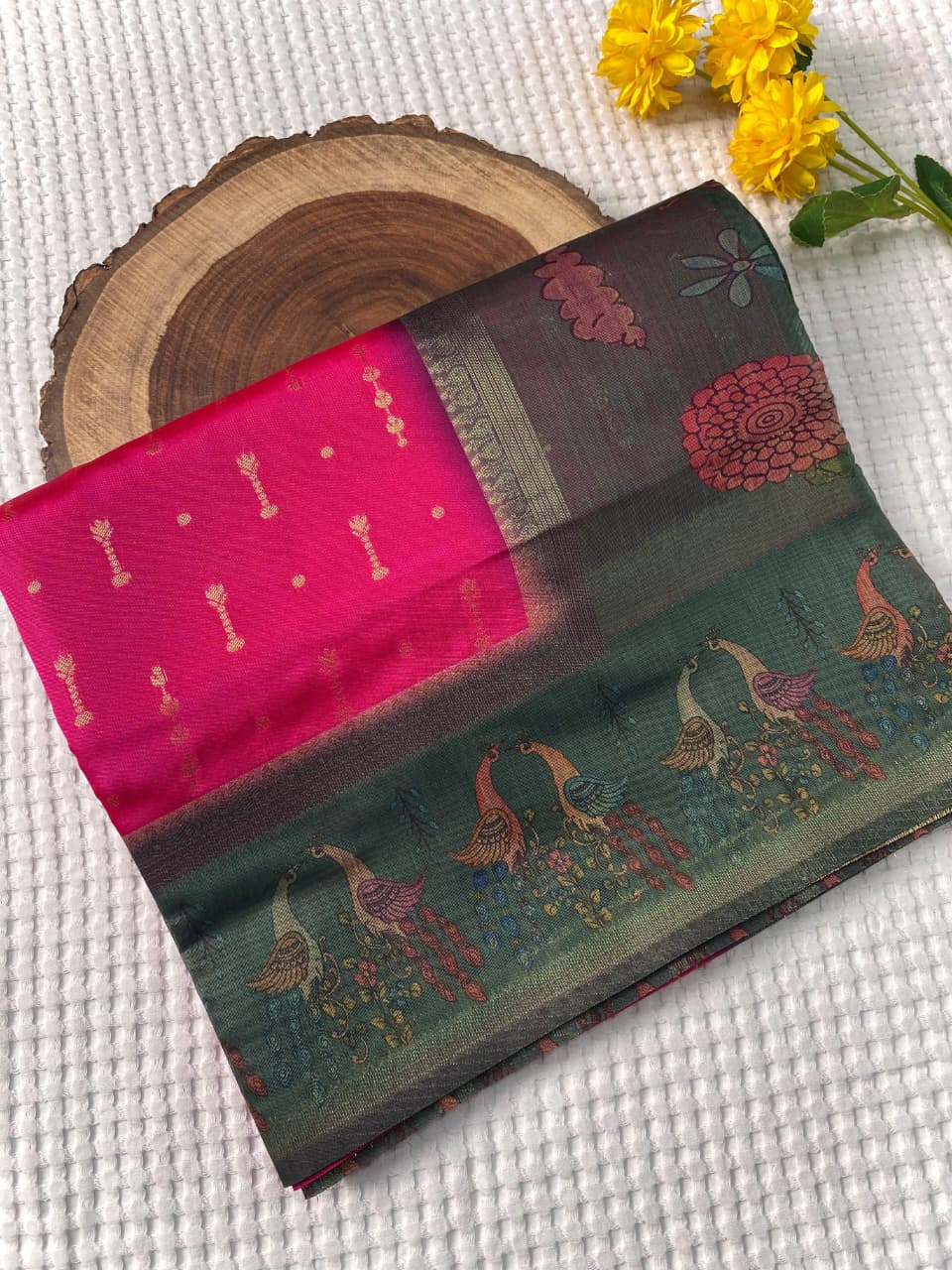 Posh Dark Pink Soft Chanderi Silk Printed Saree With Serendipity Blouse Piece