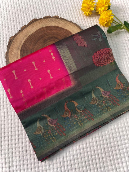 Posh Dark Pink Soft Chanderi Silk Printed Saree With Serendipity Blouse Piece