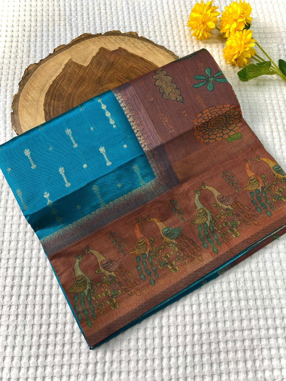 Lassitude Firozi Soft Chanderi Silk Printed Saree With Demure Blouse Piece