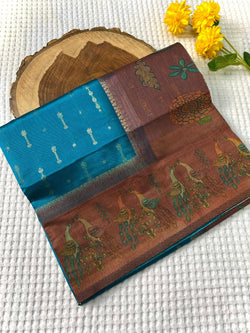 Lassitude Firozi Soft Chanderi Silk Printed Saree With Demure Blouse Piece