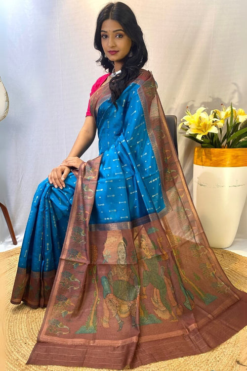 Load image into Gallery viewer, Palimpsest Firozi Printed Soft Chanderi Silk Saree With Sumptuous Blouse Piece
