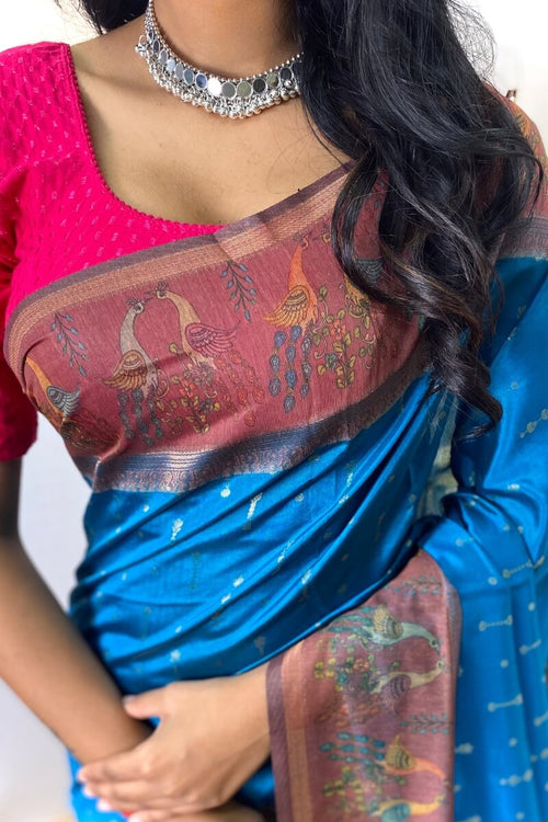 Load image into Gallery viewer, Palimpsest Firozi Printed Soft Chanderi Silk Saree With Sumptuous Blouse Piece
