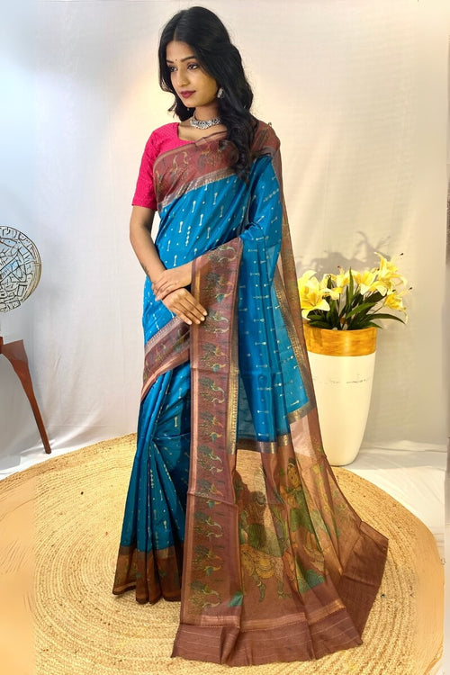 Load image into Gallery viewer, Palimpsest Firozi Printed Soft Chanderi Silk Saree With Sumptuous Blouse Piece
