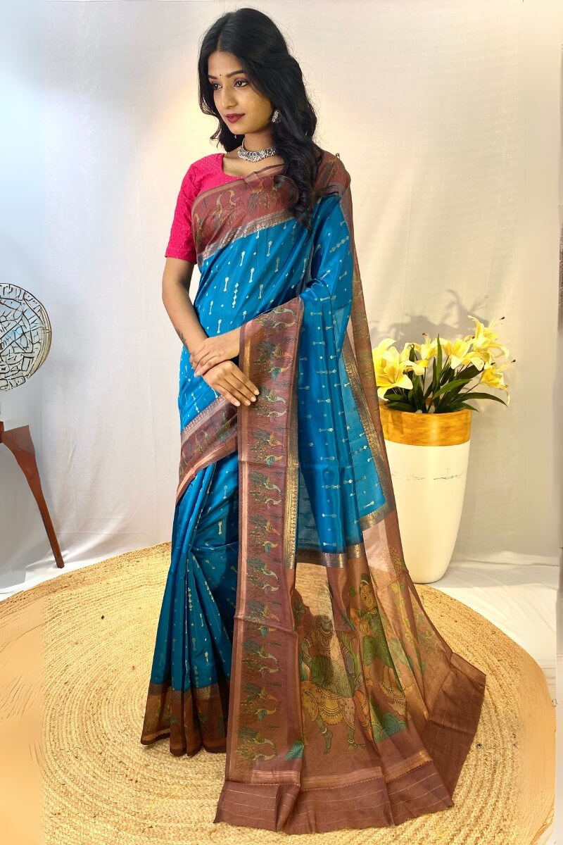 Palimpsest Firozi Printed Soft Chanderi Silk Saree With Sumptuous Blouse Piece