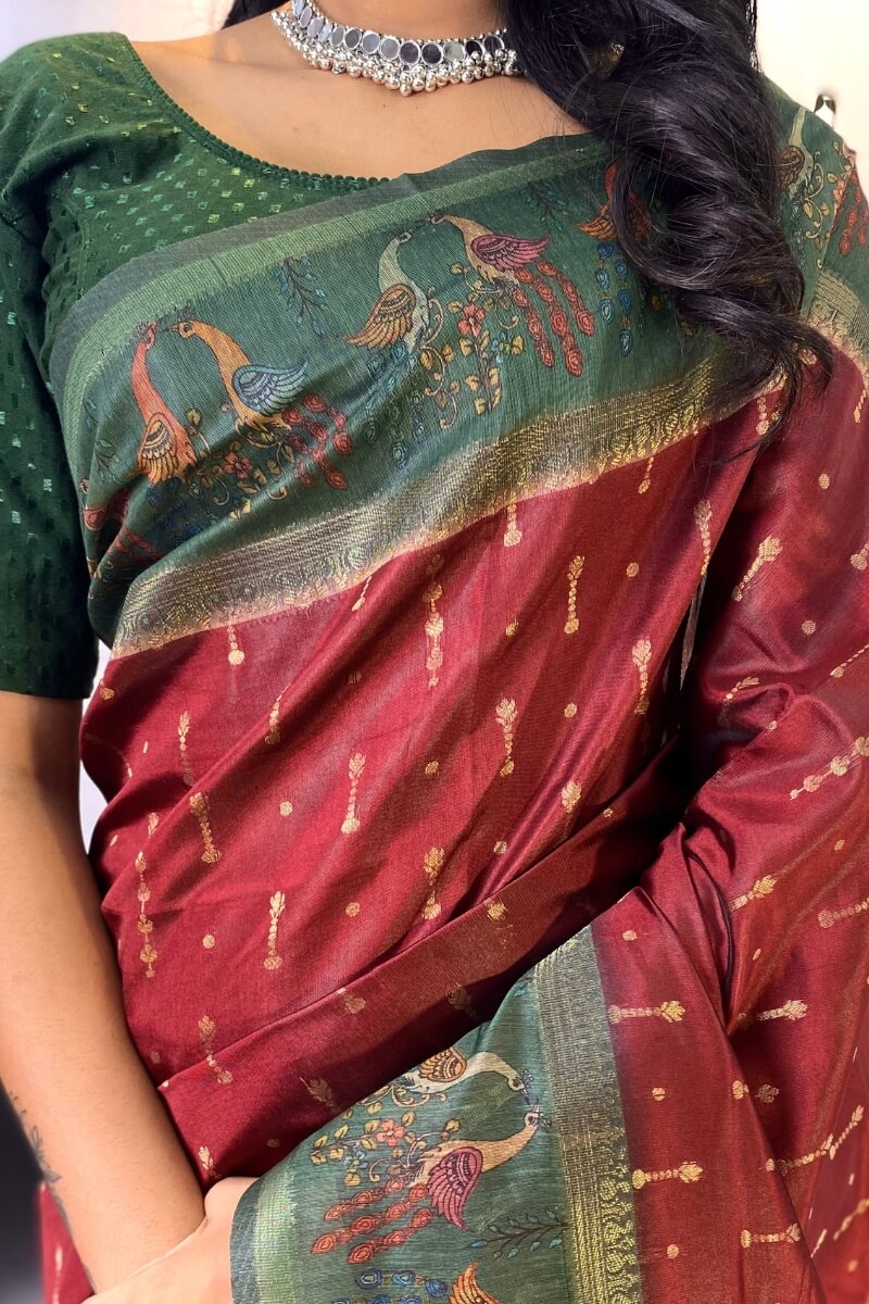 Surpassing Maroon Printed Soft Chanderi Silk Saree With Gratifying Blouse Piece