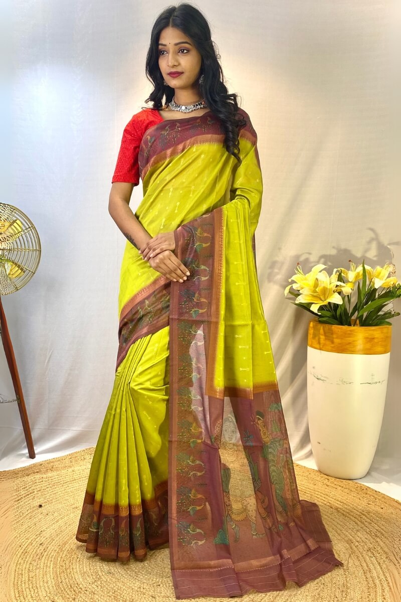 Energetic Mehndi Printed Soft Chanderi Silk Saree With Classy Blouse Piece