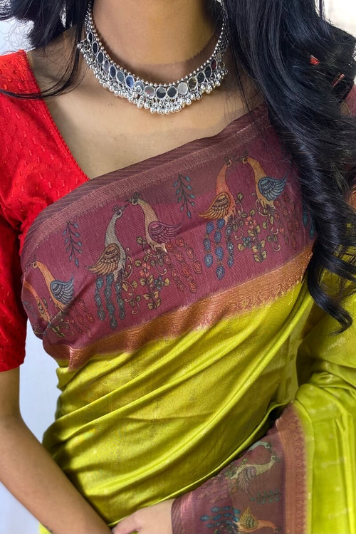 Load image into Gallery viewer, Energetic Mehndi Printed Soft Chanderi Silk Saree With Classy Blouse Piece
