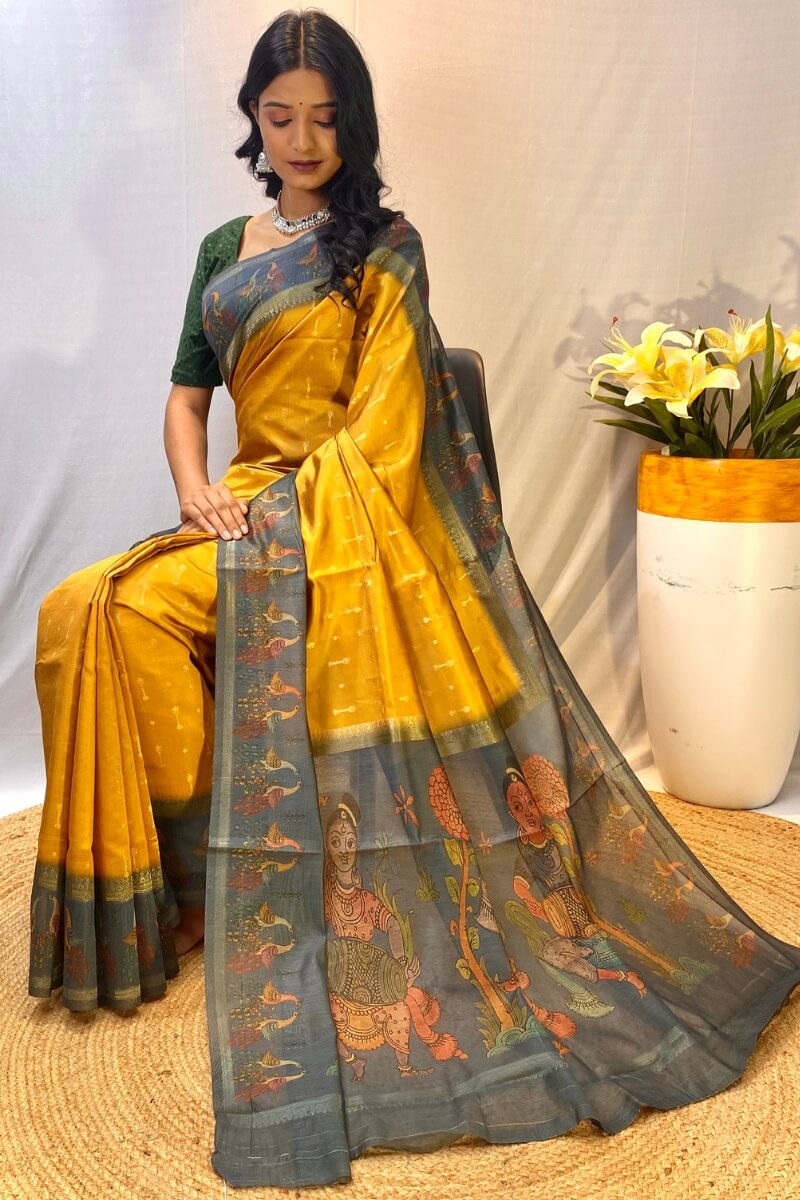 Trendy Mustard Printed Soft Chanderi Silk Saree With Appealing Blouse Piece