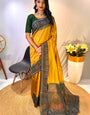 Trendy Mustard Printed Soft Chanderi Silk Saree With Appealing Blouse Piece