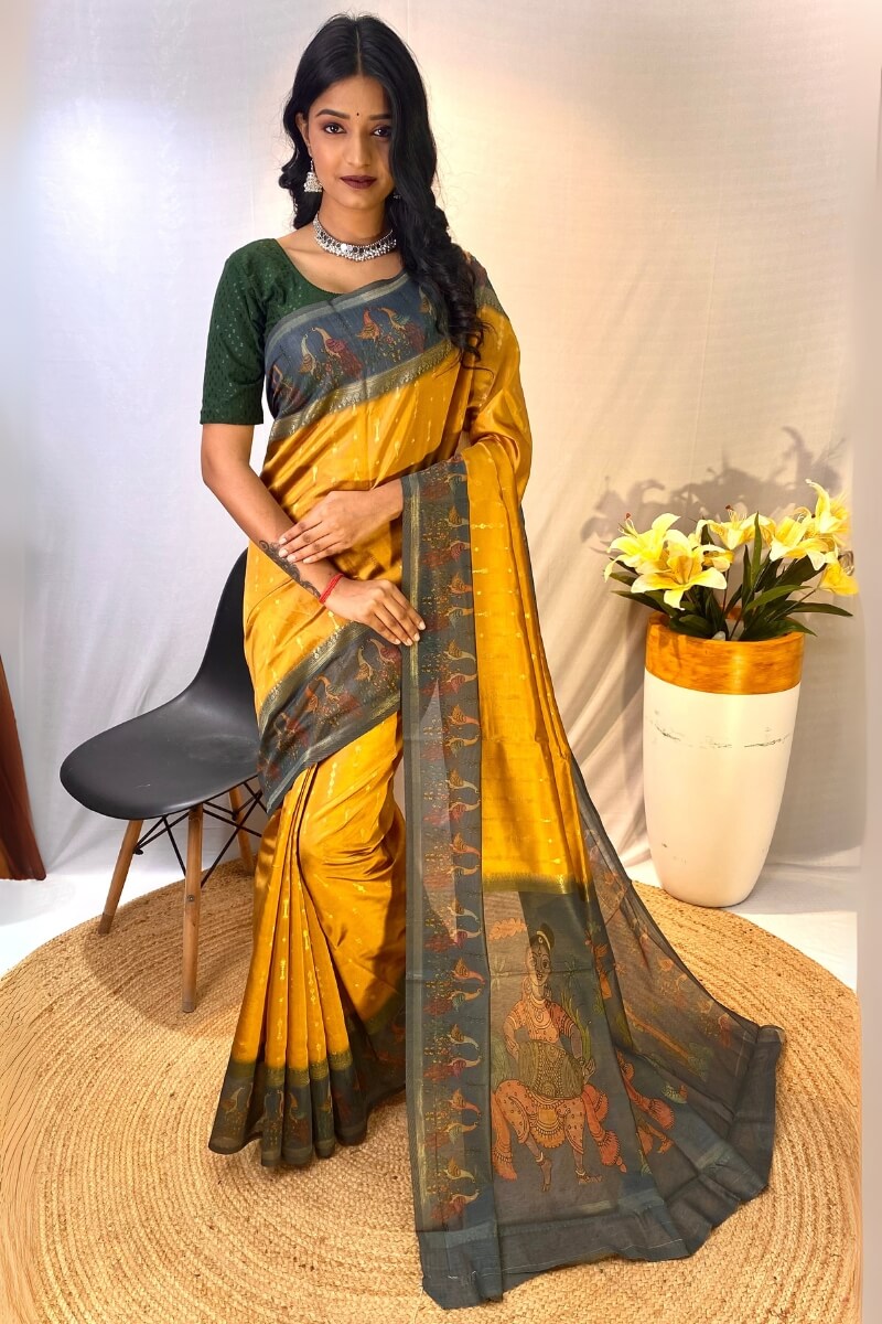 Trendy Mustard Printed Soft Chanderi Silk Saree With Appealing Blouse Piece