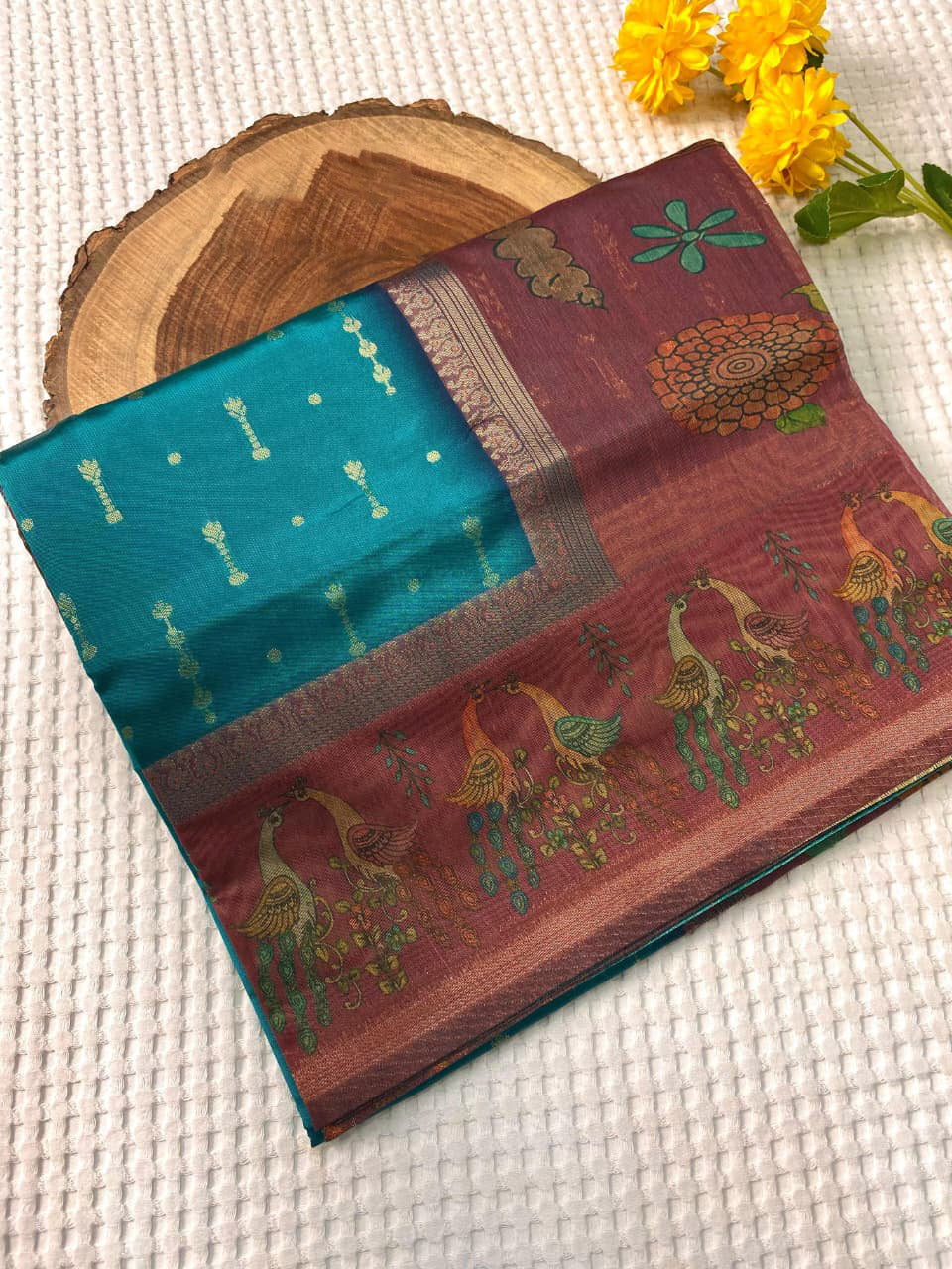 Angelic Rama Soft Chanderi Silk Printed Saree With Capricious Blouse Piece