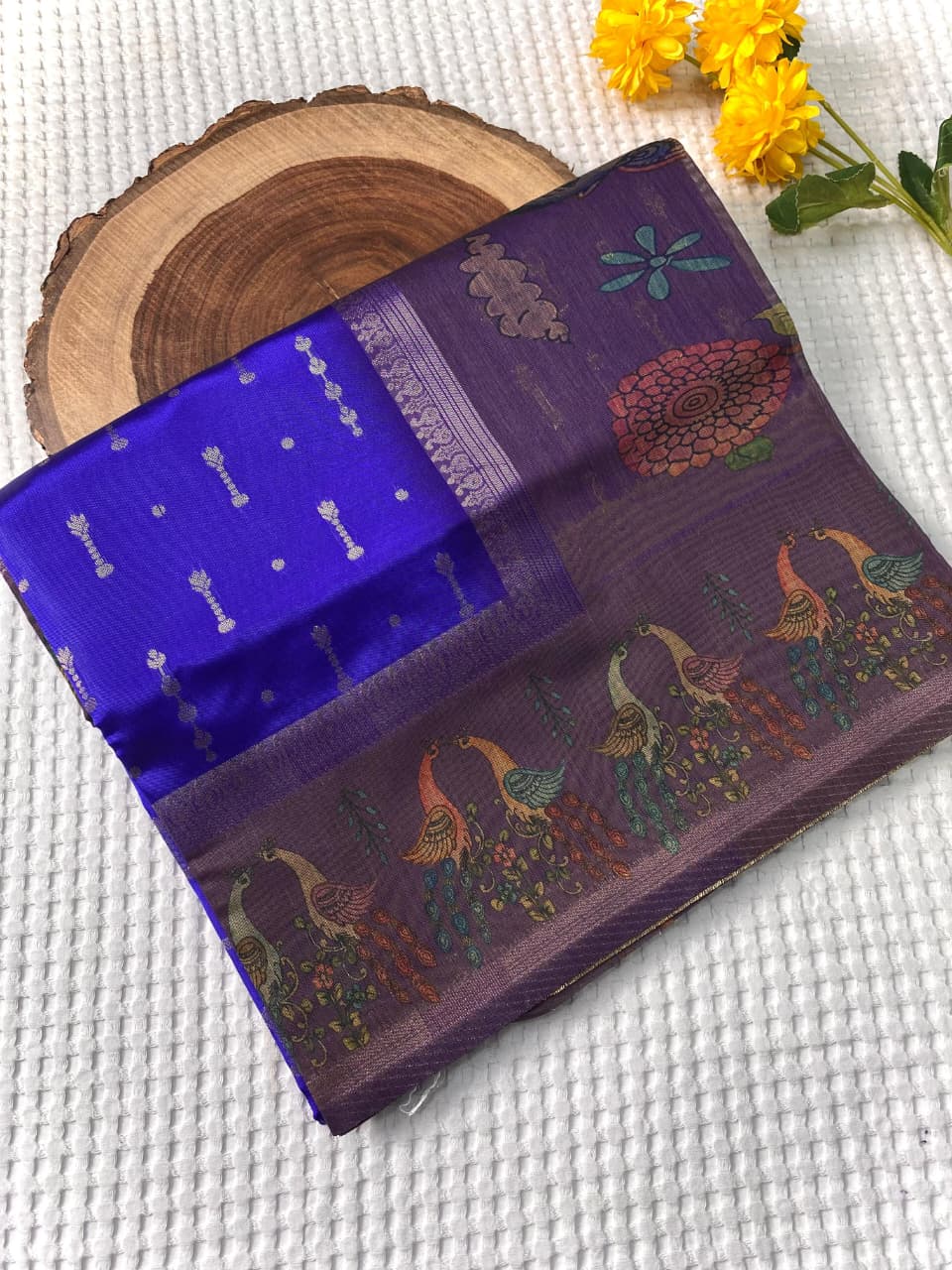 Zephyr Royal Blue Soft Chanderi Silk Printed Saree With Blooming Blouse Piece