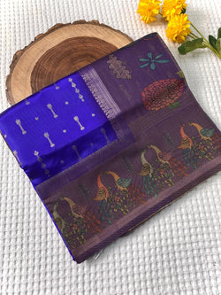 Zephyr Royal Blue Soft Chanderi Silk Printed Saree With Blooming Blouse Piece