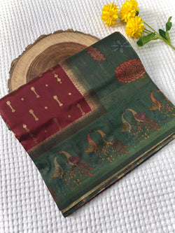 Adorning Wine Soft Chanderi Silk Printed Saree With Susurrous Blouse Piece