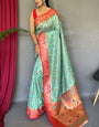 Desultory Sea Green Kalamkari Printed Saree With Eloquence Blouse Piece