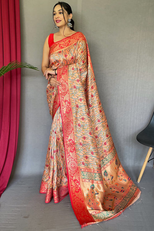 Load image into Gallery viewer, Propinquity Peach Kalamkari Printed Saree With Staggering Blouse Piece
