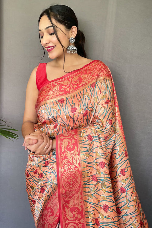 Load image into Gallery viewer, Propinquity Peach Kalamkari Printed Saree With Staggering Blouse Piece
