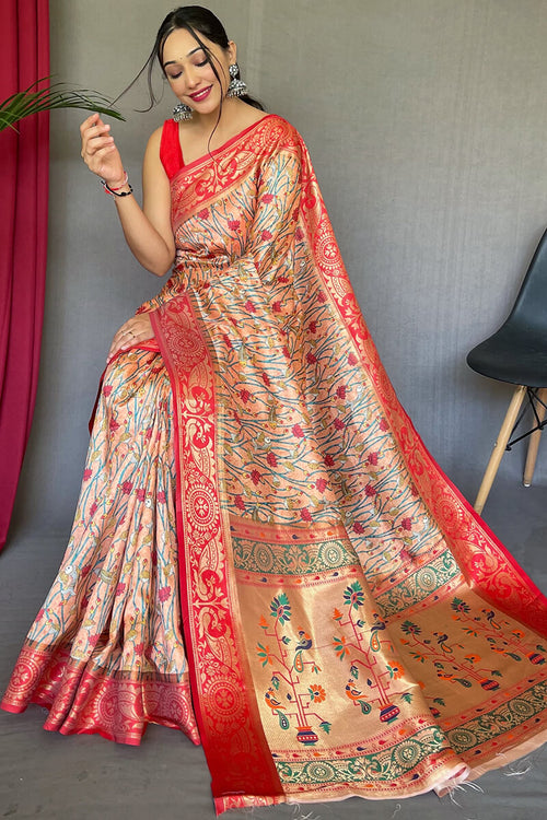 Load image into Gallery viewer, Propinquity Peach Kalamkari Printed Saree With Staggering Blouse Piece
