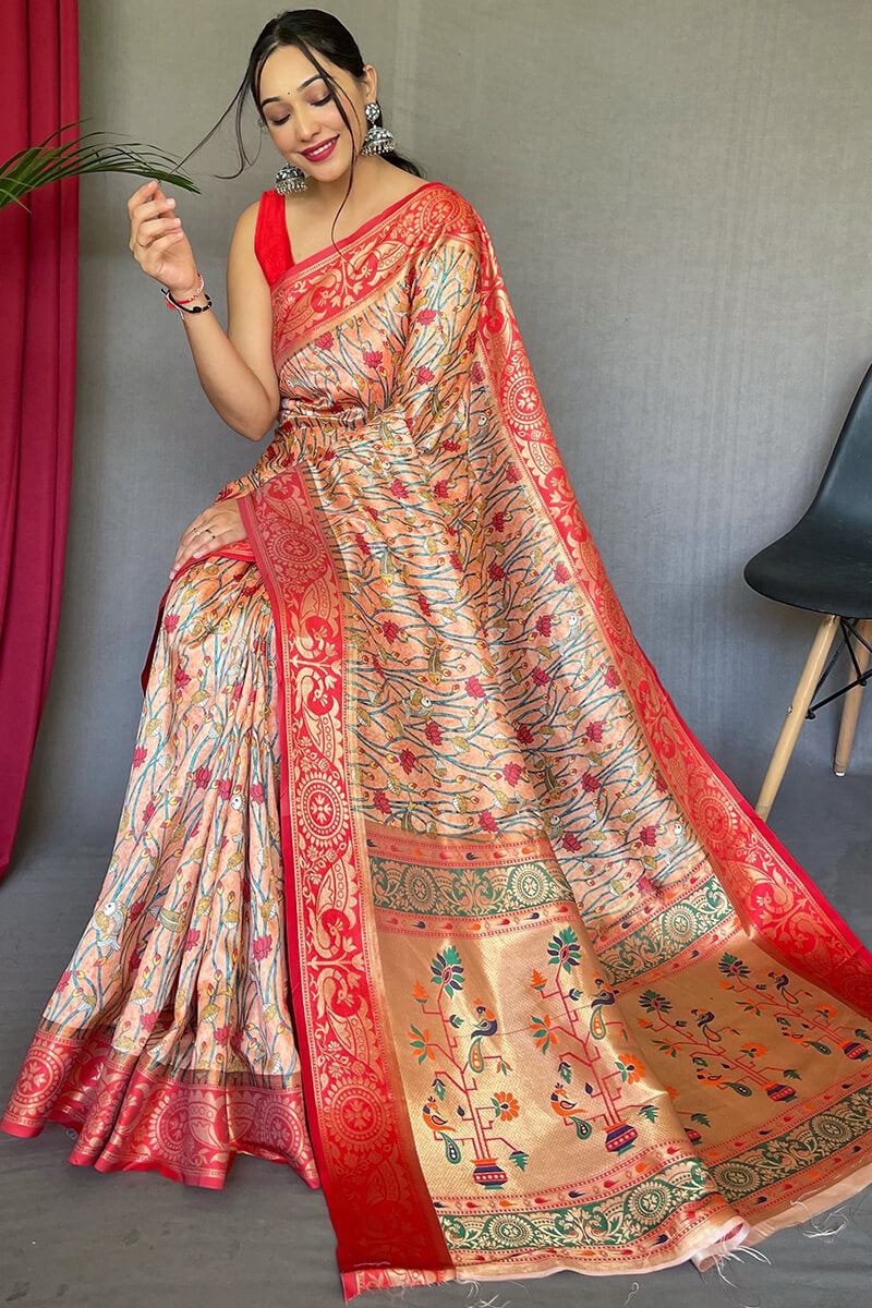 Propinquity Peach Kalamkari Printed Saree With Staggering Blouse Piece