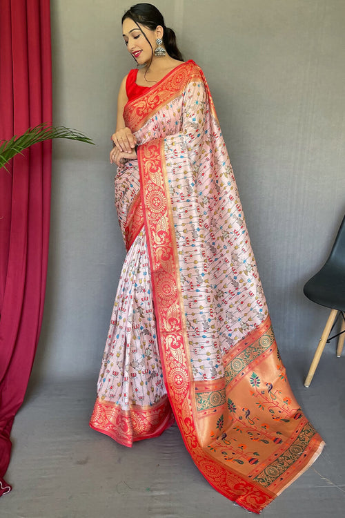 Load image into Gallery viewer, Profuse Baby Pink Kalamkari Printed Saree With Jubilant Blouse Piece
