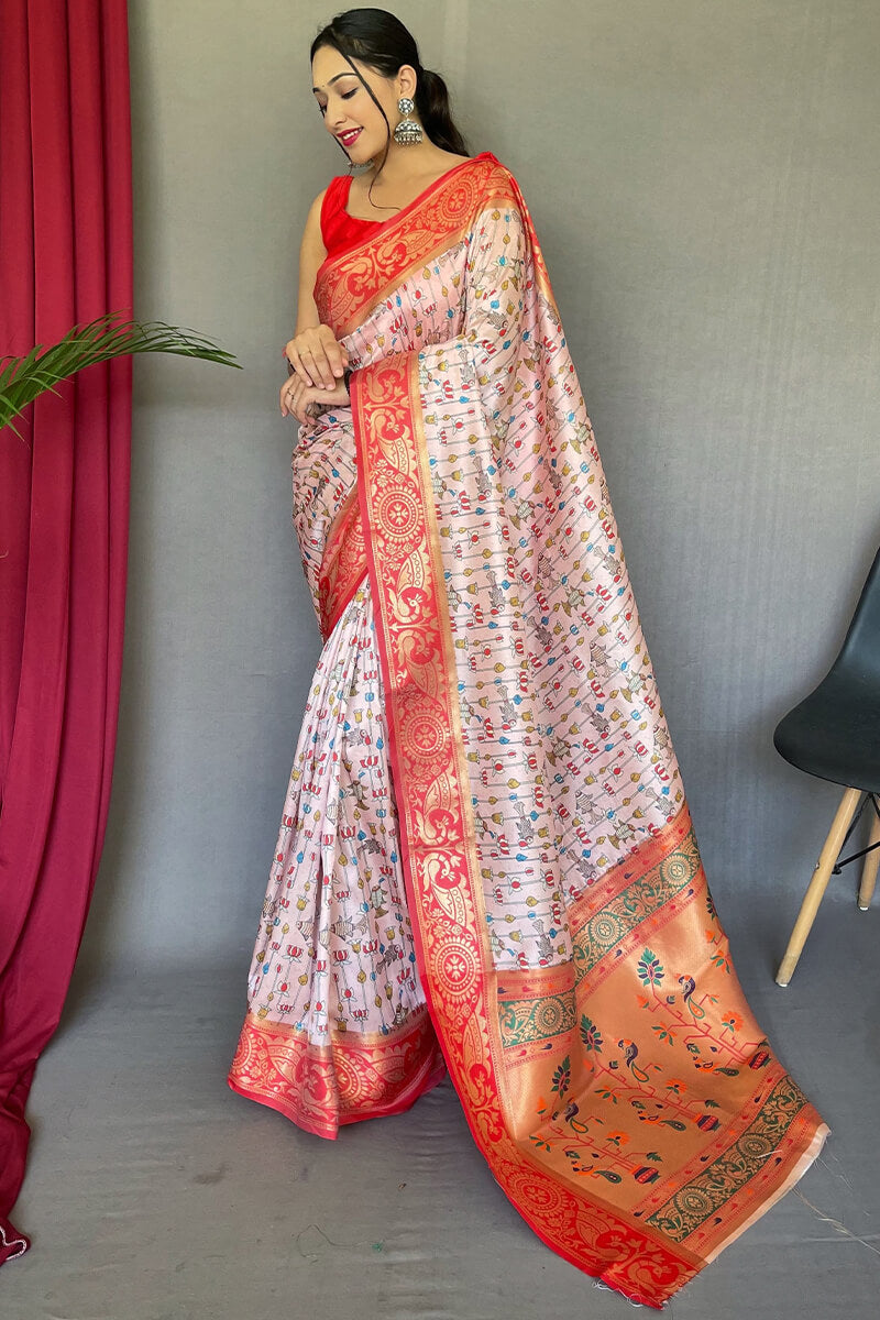 Profuse Baby Pink Kalamkari Printed Saree With Jubilant Blouse Piece