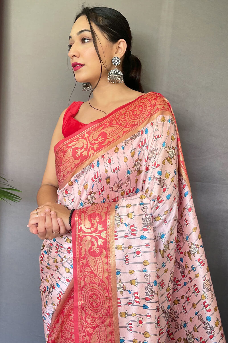 Profuse Baby Pink Kalamkari Printed Saree With Jubilant Blouse Piece