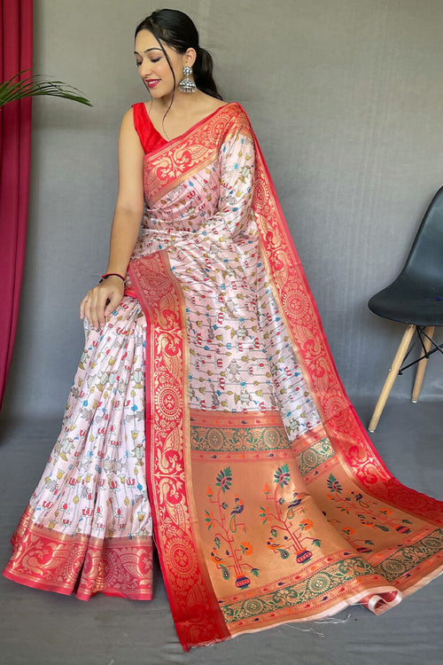 Load image into Gallery viewer, Profuse Baby Pink Kalamkari Printed Saree With Jubilant Blouse Piece
