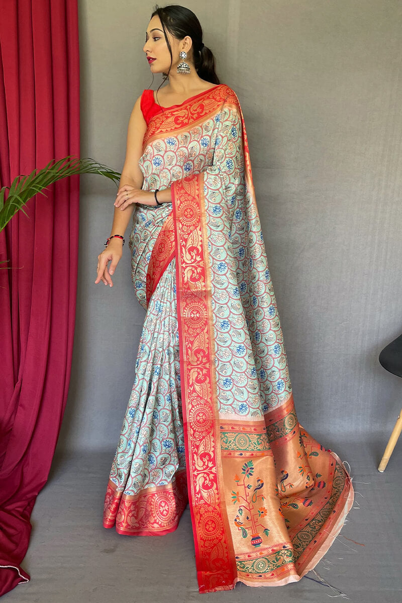 Pulsating Sky Kalamkari Printed Saree With Aplomb Blouse Piece