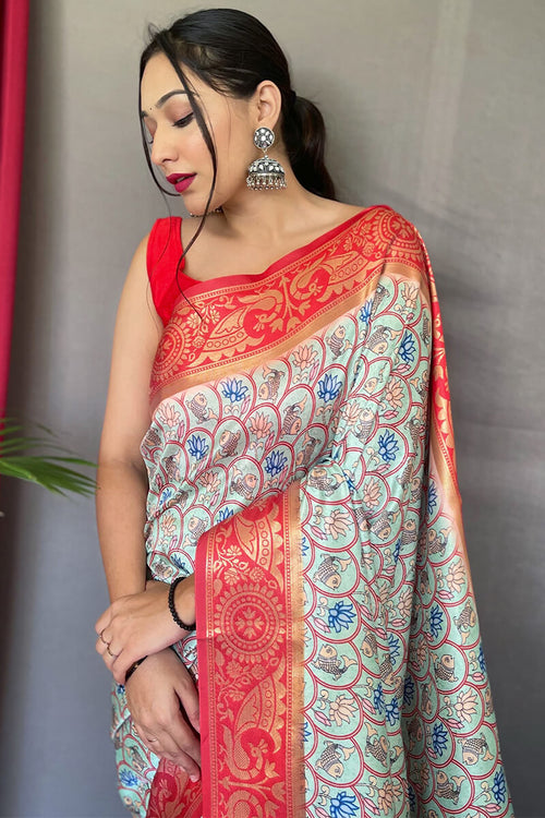 Load image into Gallery viewer, Pulsating Sky Kalamkari Printed Saree With Aplomb Blouse Piece
