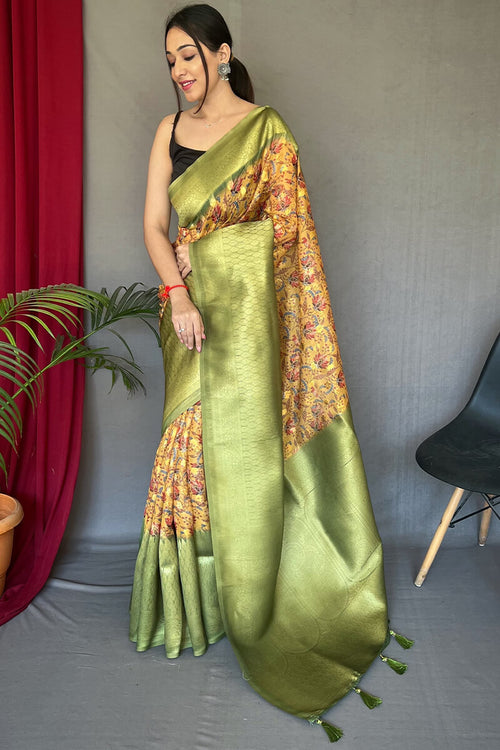 Load image into Gallery viewer, Nectarous Mustard Kalamkari Printed Saree With Alluring Blouse Piece
