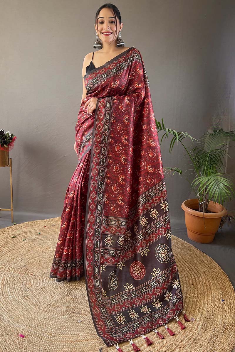 Ephemeral Maroon Digital Printed Soft Silk Saree With Imbrication Blouse Piece