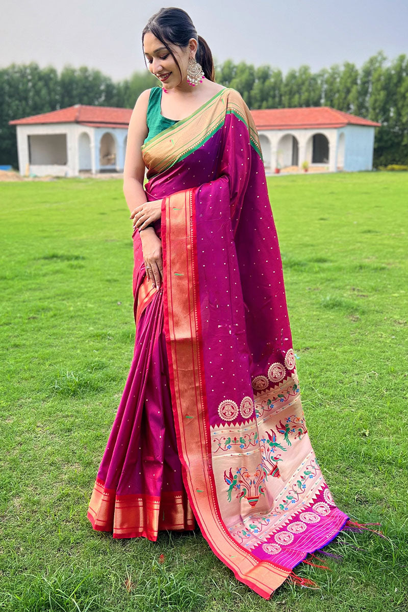 Demanding Dark Pink Paithani Silk Saree With Surpassing Blouse Piece