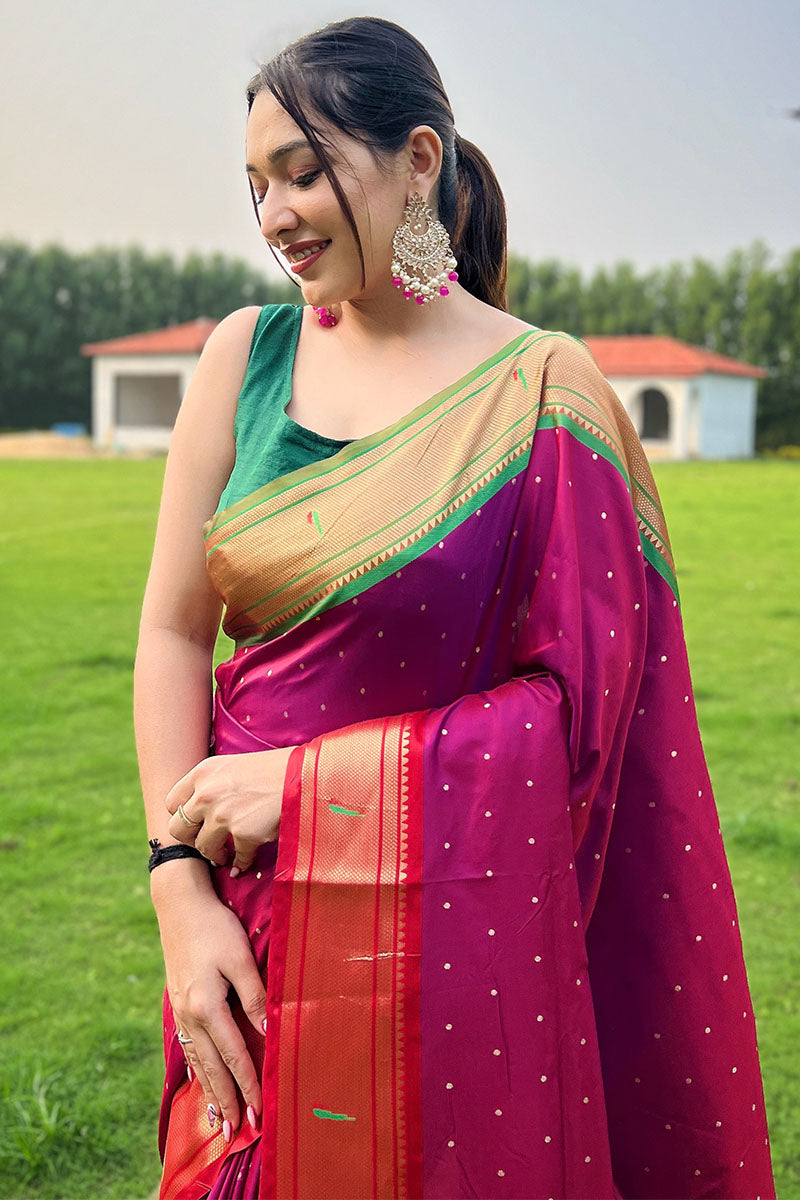 Demanding Dark Pink Paithani Silk Saree With Surpassing Blouse Piece