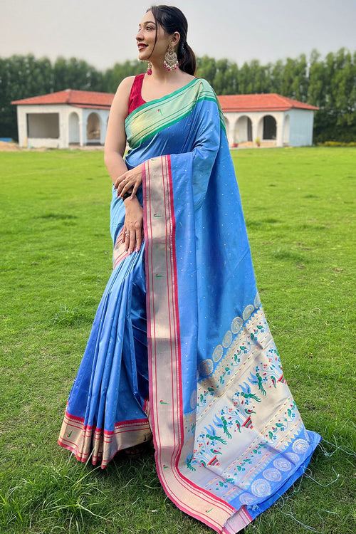 Load image into Gallery viewer, Captivating Firozi Paithani Silk Saree With Smart Blouse Piece
