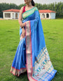 Captivating Firozi Paithani Silk Saree With Smart Blouse Piece