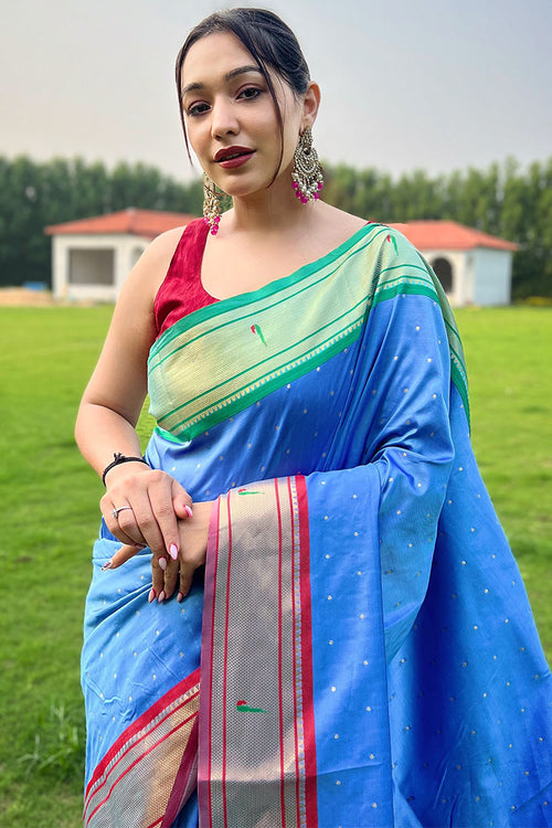 Load image into Gallery viewer, Captivating Firozi Paithani Silk Saree With Smart Blouse Piece
