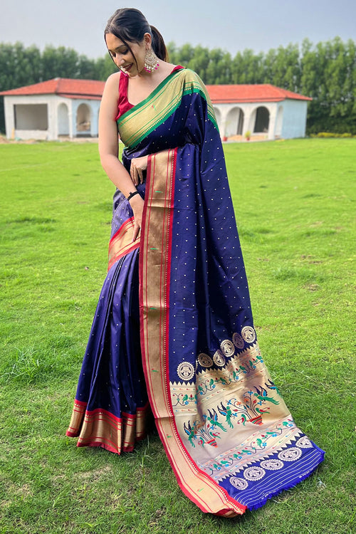 Load image into Gallery viewer, Beautiful Navy Blue Paithani Silk Saree With Desiring Blouse Piece
