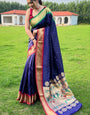 Beautiful Navy Blue Paithani Silk Saree With Desiring Blouse Piece