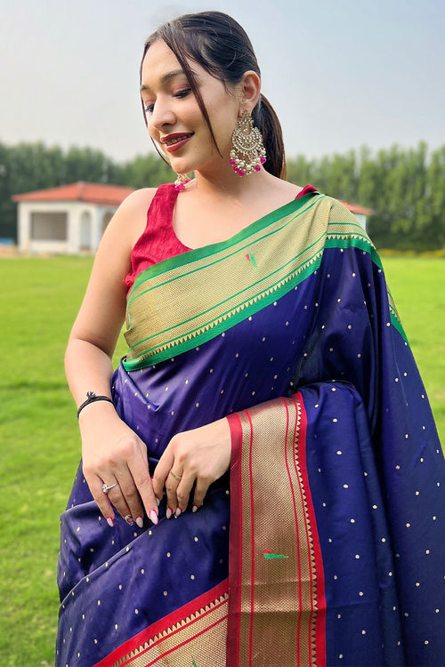 Load image into Gallery viewer, Beautiful Navy Blue Paithani Silk Saree With Desiring Blouse Piece
