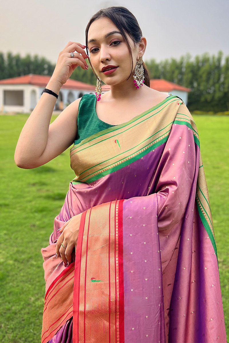 Groovy Pink Paithani Silk Saree With Exquisite Blouse Piece