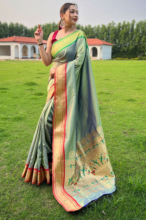 Load image into Gallery viewer, Blissful Pista Paithani Silk Saree With Adoring  Blouse Piece
