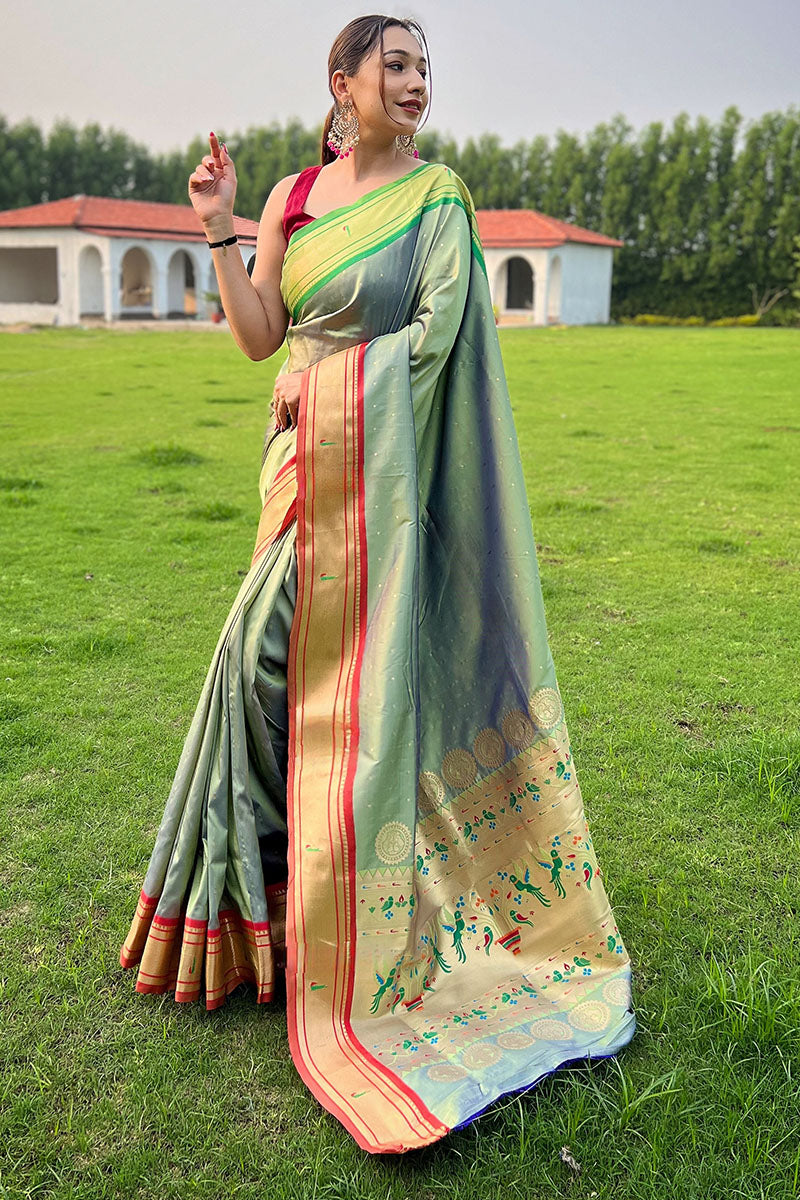 Blissful Pista Paithani Silk Saree With Adoring  Blouse Piece