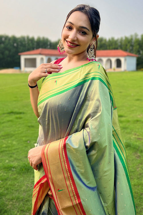 Load image into Gallery viewer, Blissful Pista Paithani Silk Saree With Adoring  Blouse Piece
